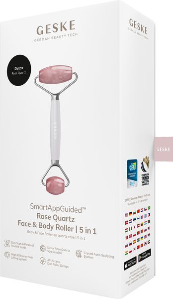 Роллер-массажер для лица и тела с розовым кварцем GESKE&nbsp;SmartAppGuided&nbsp;Rose&nbsp;Quartz&nbsp;Face&nbsp;&&nbsp;Body&nbsp;Roller&nbsp;5in1&nbsp;starlight HB0656