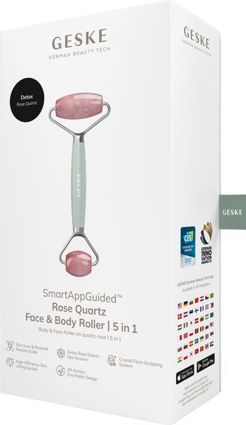 Роллер-массажер для лица и тела с розовым кварцем GESKE&nbsp;SmartAppGuided&nbsp;Rose&nbsp;Quartz&nbsp;Face&nbsp;&&nbsp;Body&nbsp;Roller&nbsp;5in1&nbsp;green HB0658