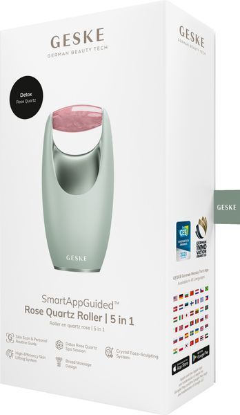 Ролер-масажер для обличчя з рожевим кварцом GESKE&nbsp;SmartAppGuided&nbsp;Rose&nbsp;Quartz&nbsp;Roller&nbsp;5in1&nbsp;green HB0646