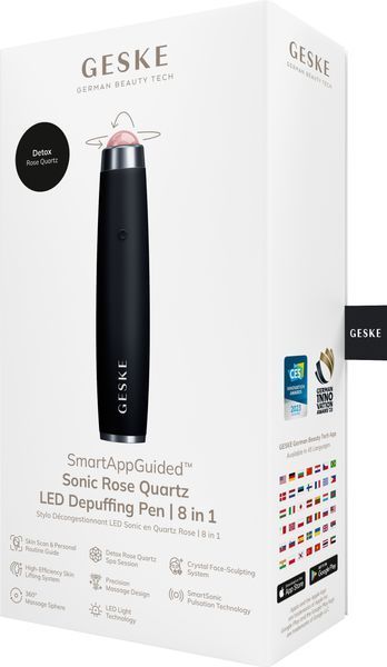 Ручка-массажер для лица с розовым кварцем GESKE&nbsp;SmartAppGuided&nbsp;Sonic&nbsp;Rose&nbsp;Quartz&nbsp;LED&nbsp;Depuffing&nbsp;Pen&nbsp;8in1&nbsp;black HB0649