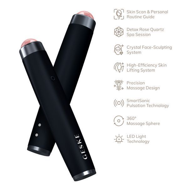 Ручка-массажер для лица с розовым кварцем GESKE&nbsp;SmartAppGuided&nbsp;Sonic&nbsp;Rose&nbsp;Quartz&nbsp;LED&nbsp;Depuffing&nbsp;Pen&nbsp;8in1&nbsp;black HB0649