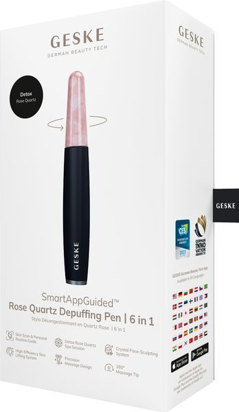 Ручка-массажер для лица с розовым кварцем GESKE&nbsp;SmartAppGuided&nbsp;Rose&nbsp;Quartz&nbsp;&&nbsp;Depuffing&nbsp;Pen&nbsp;6in1&nbsp;black HB0661