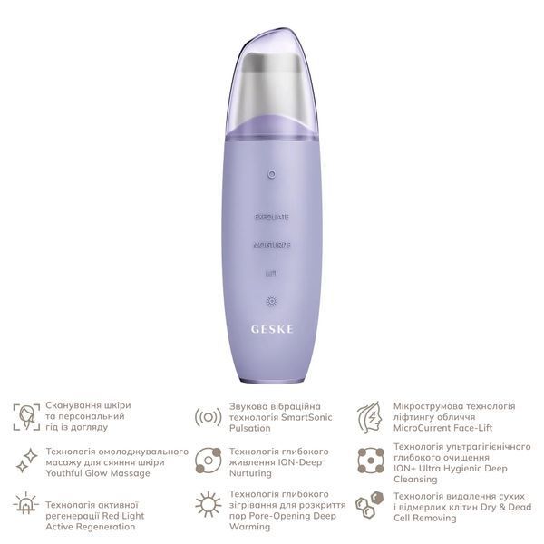 Микротоковый скрабер для кожи и устранения черных точек GESKE MicroCurrent Skin Scrubber & Blackhead Remover 9 в 1, purple HB0145