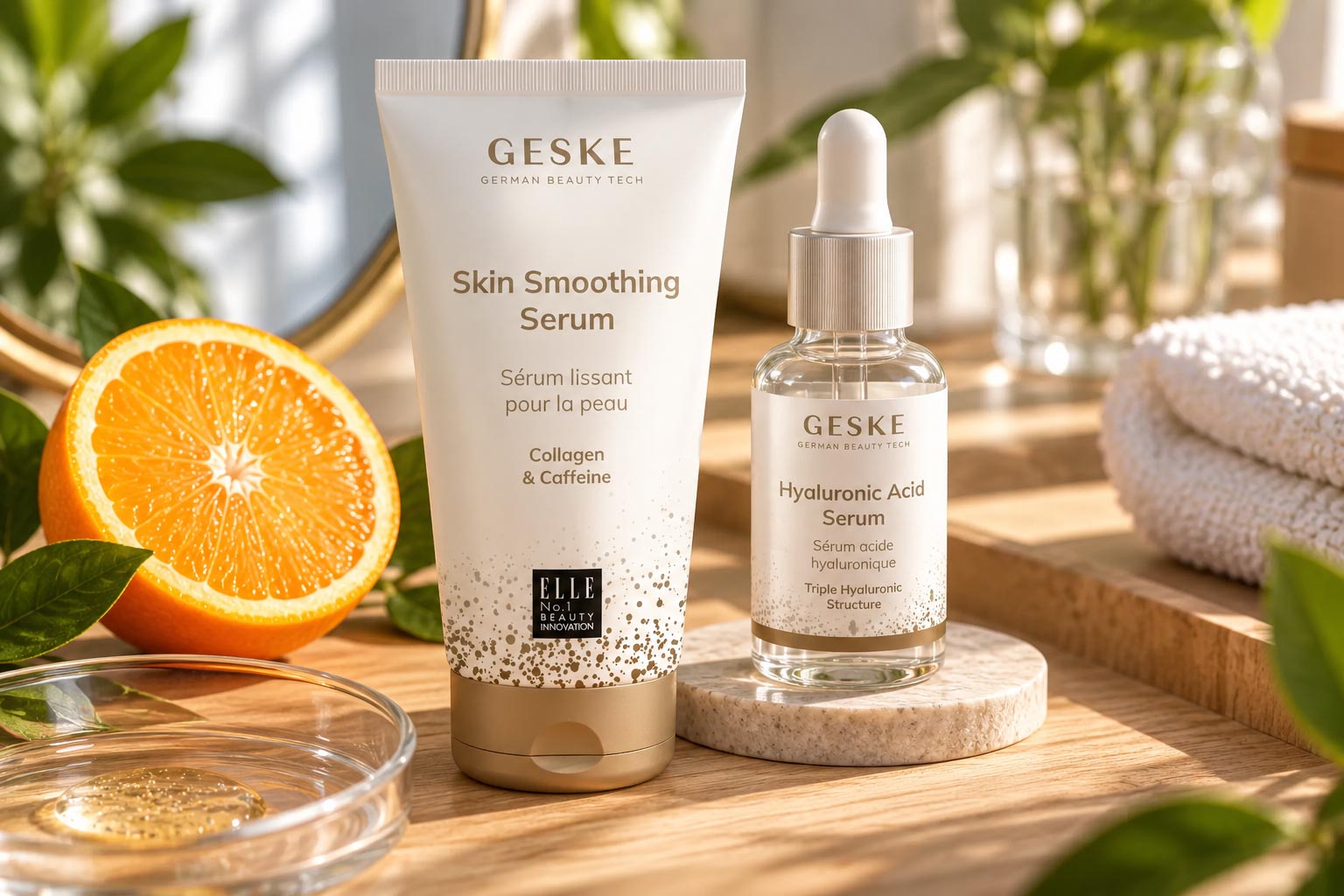 Косметика GESKE German Beauty Tech: тюбик сироватки Skin Smoothing Serum з колагеном та кофеїном і скляний флакон Hyaluronic Acid Serum. Продукти стоять на дерев'яній поверхні у сонячному світлі, поруч свіжий апельсин, зелене листя та білий рушник